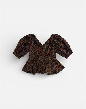 Autumn Adeigbo Leopard Print Jacquard Puff-Sleeve Peplum Top Size 2